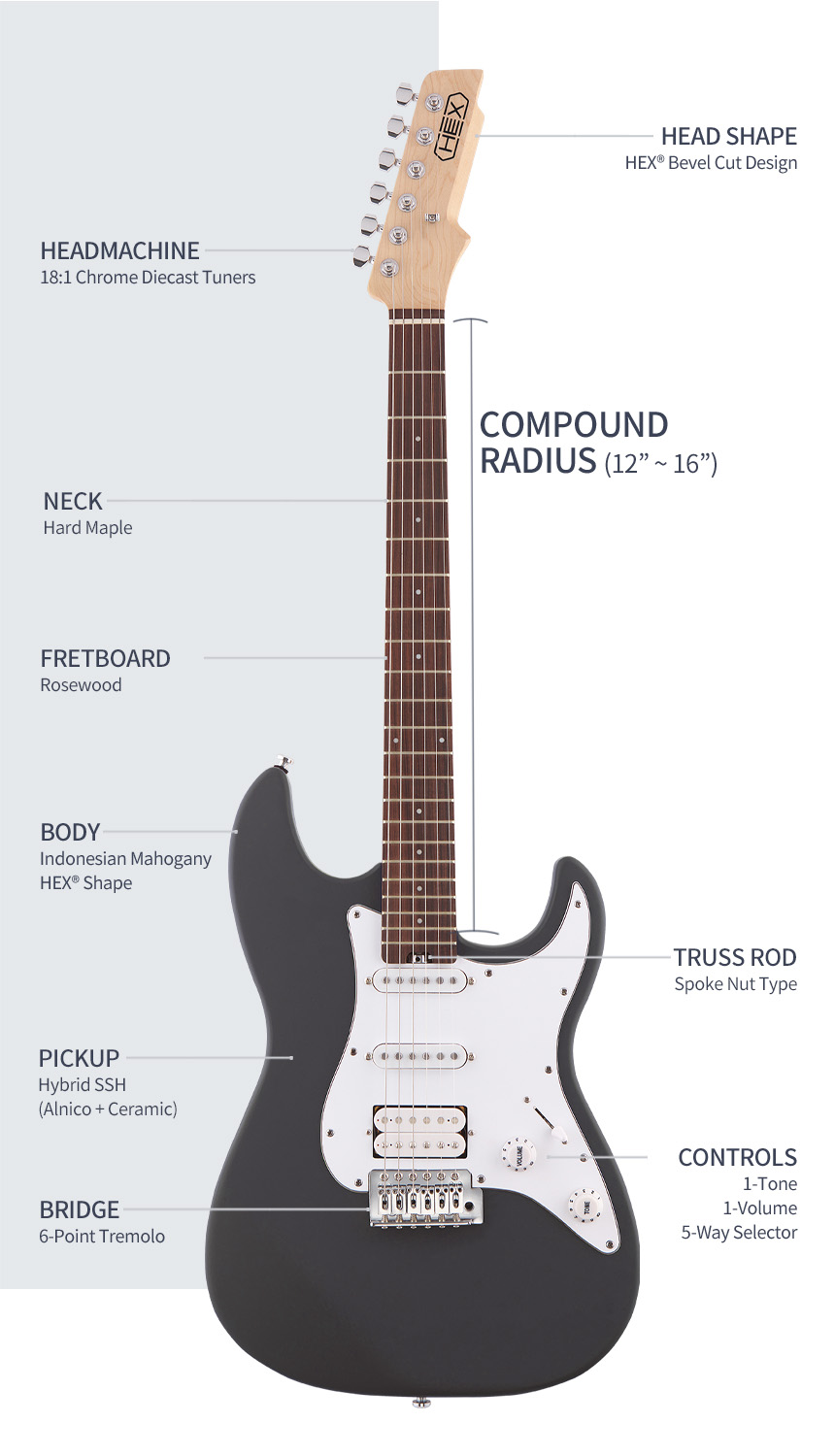 입문용 일렉기타 추천 | 헥스 E100 | 무광 슬레이트 그레이