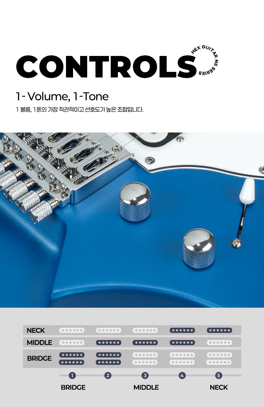Bridge, controls, and 5-way switch on the Hex Guitars NS100