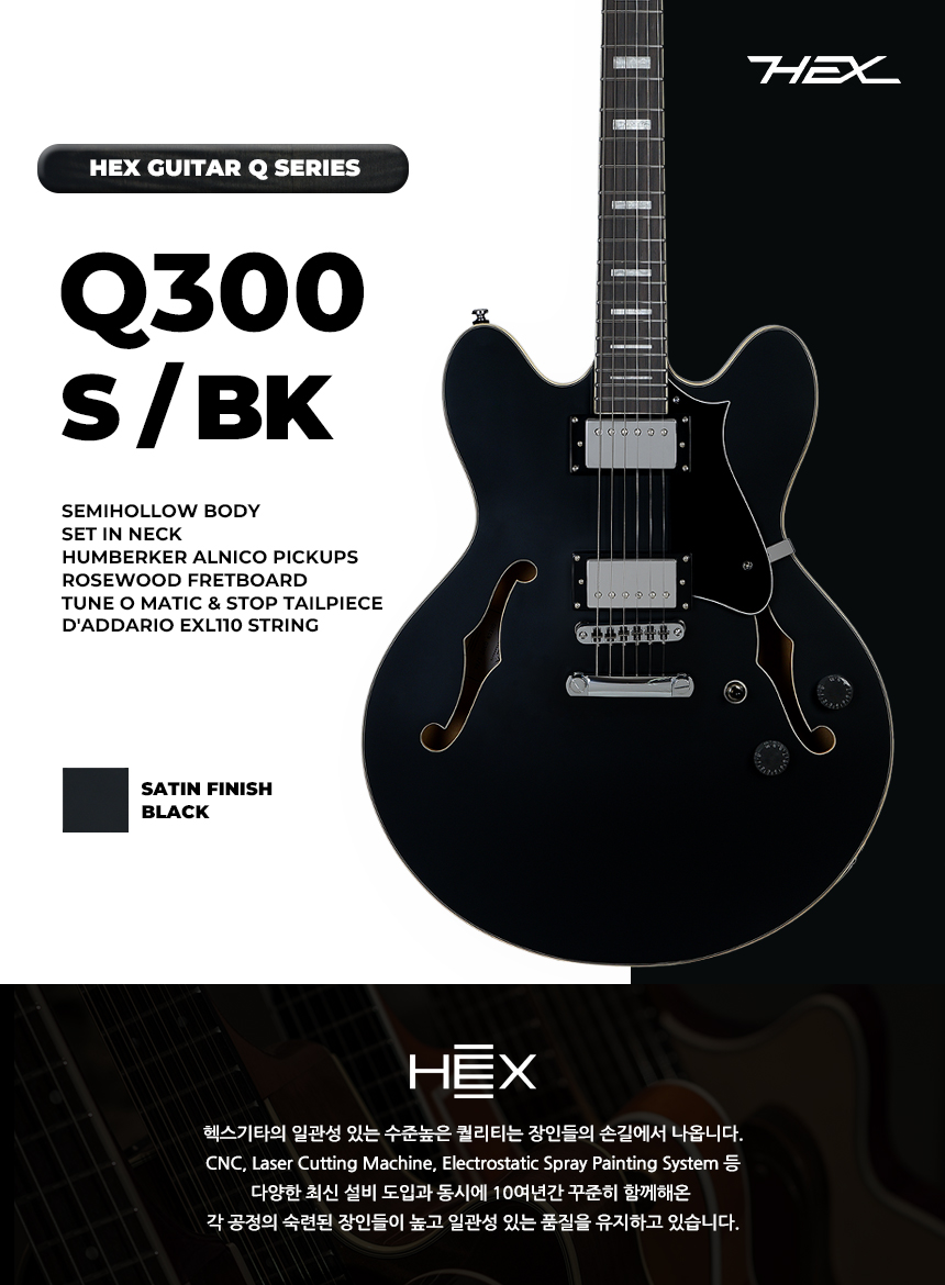 입문용 세미할로우 일렉기타 추천 | 헥스 Q300 | 무광 블랙